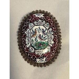 Hand Painted Enamel Persian Brooch Filigree Silver Frame
